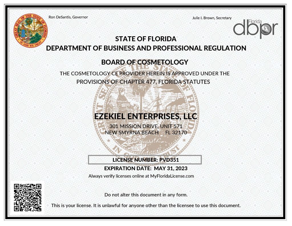 Florida Cosmetology Board License for Ezekiel Enterprises, LLC