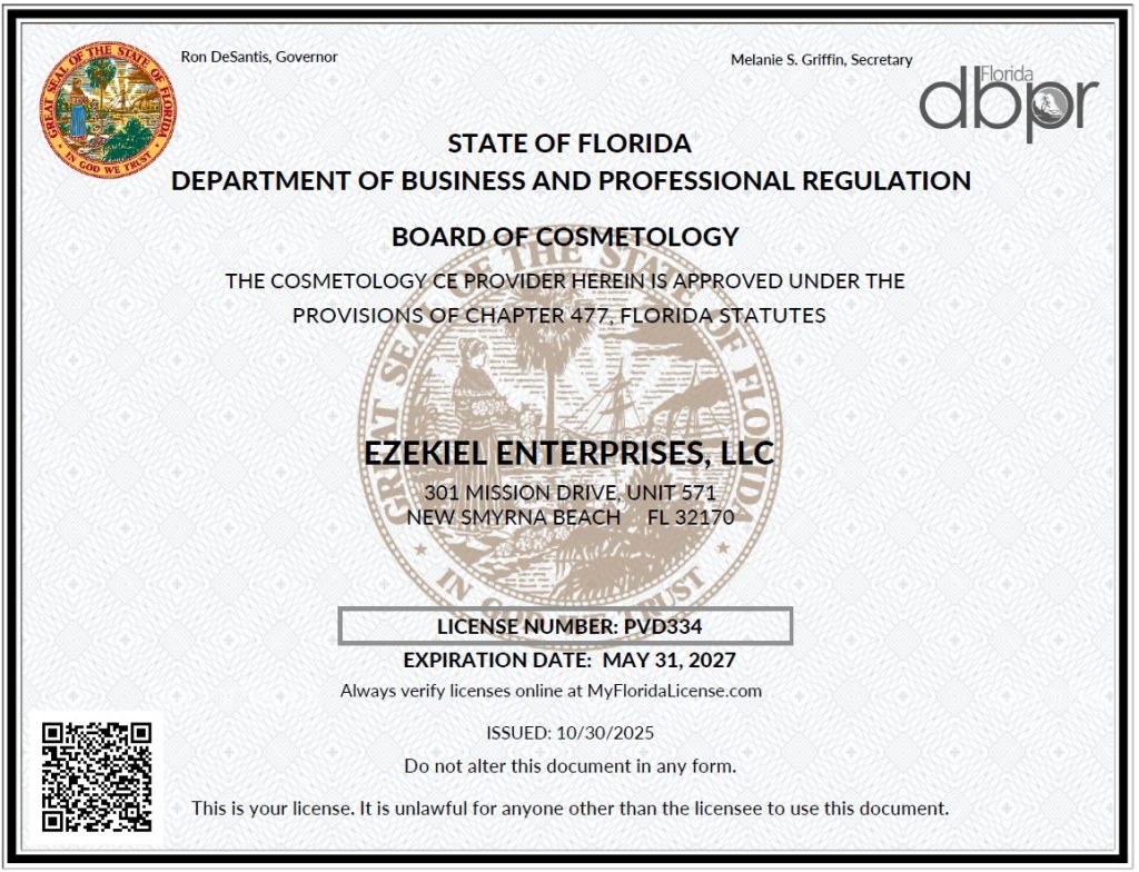 Florida Cosmetology Board License for Ezekiel Enterprises, LLC PVD 334